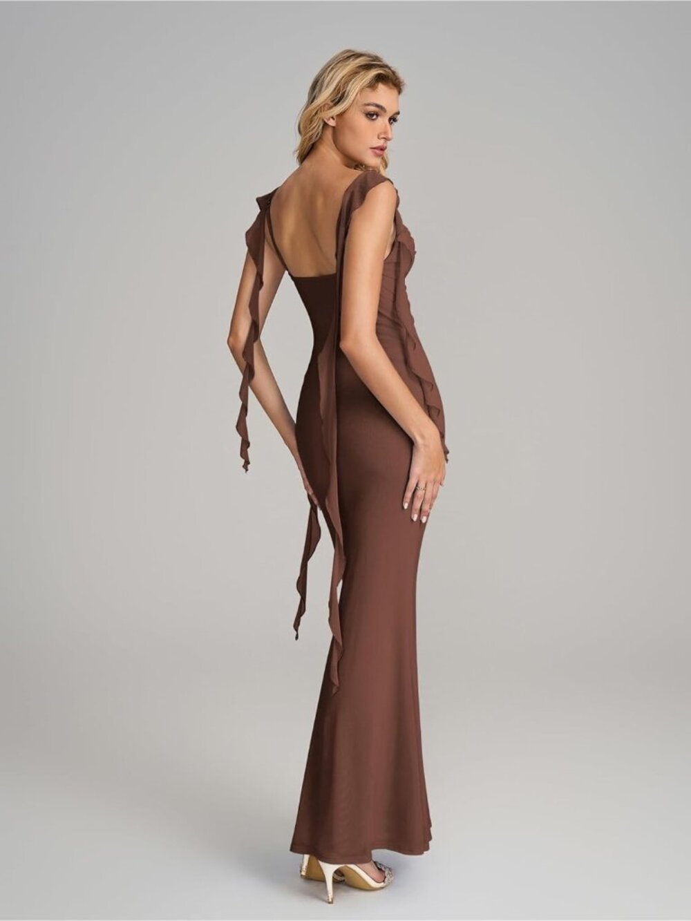 Women's Brown Boat Neck Elegant Ruffle Bodycon Formal Cocktail Maxi Dress - Picture 3 of 5